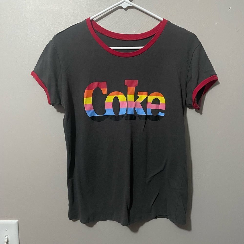 Coca Cola Black Tee with Rainbow 'Coke' Logo and Red Trim